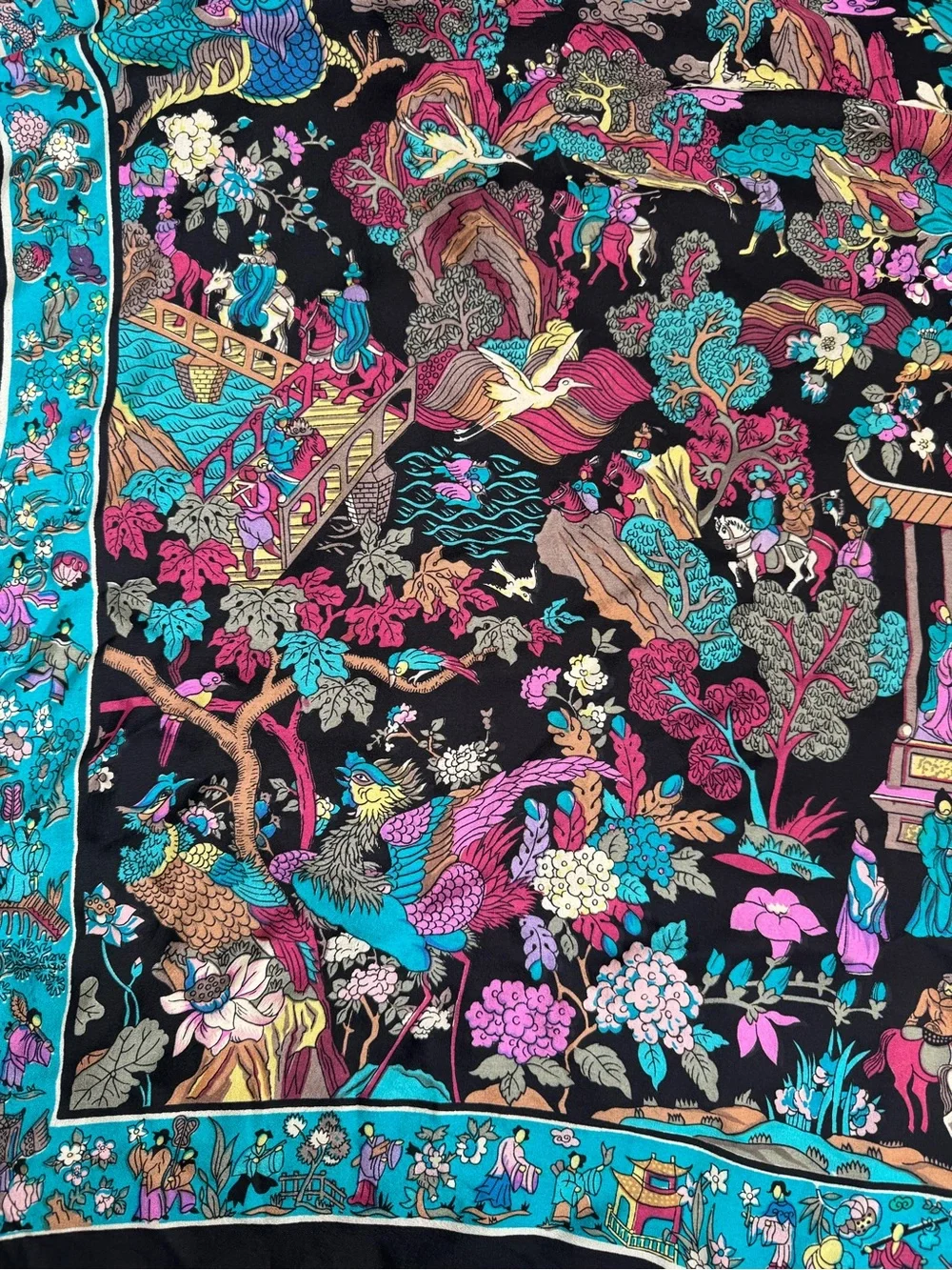 Vintage Hand Rolled Silk Chinoiserie Style Luxury Square Scarf Asian Motif